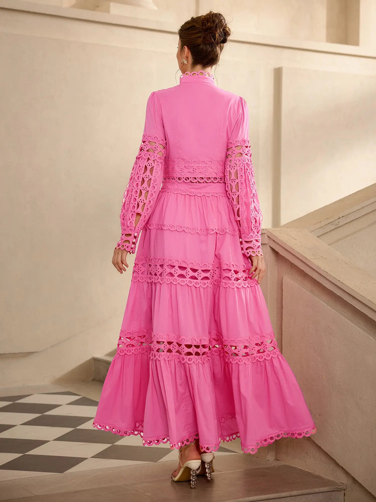 Hollow Out Patchwork Round Neck Midi Dress|NOOSGOP