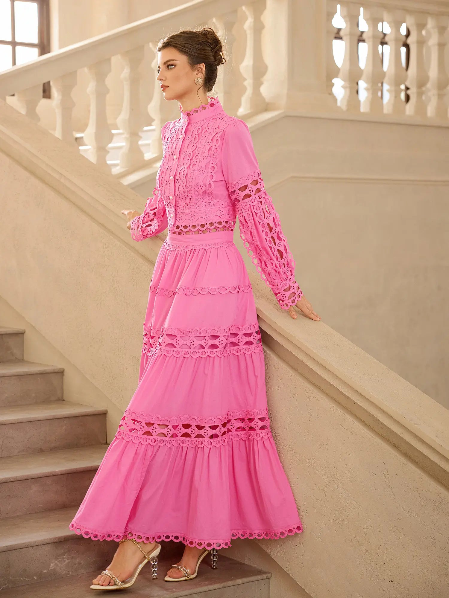 Hollow Out Patchwork Round Neck Midi Dress|NOOSGOP