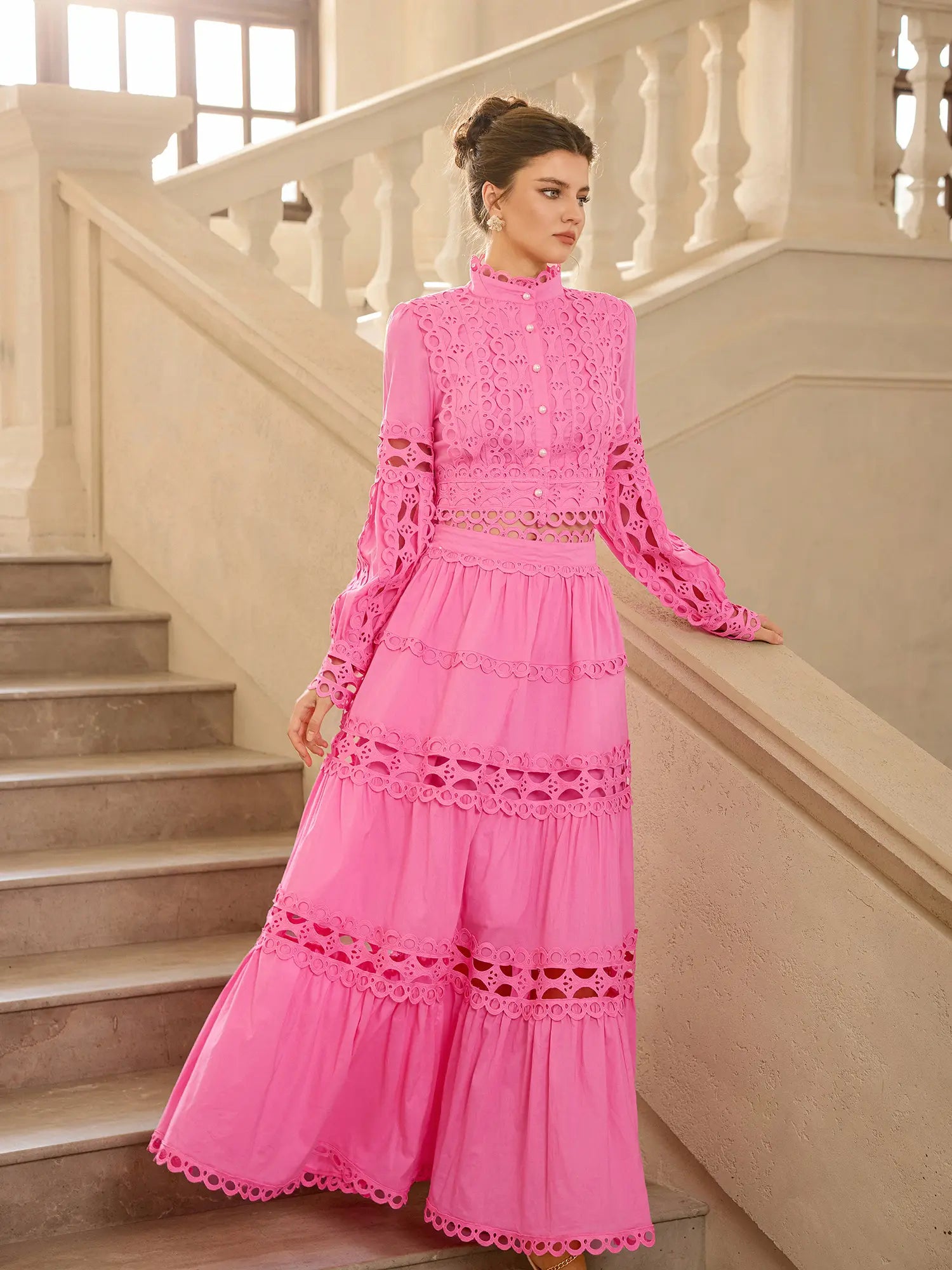 Hollow Out Patchwork Round Neck Midi Dress|NOOSGOP