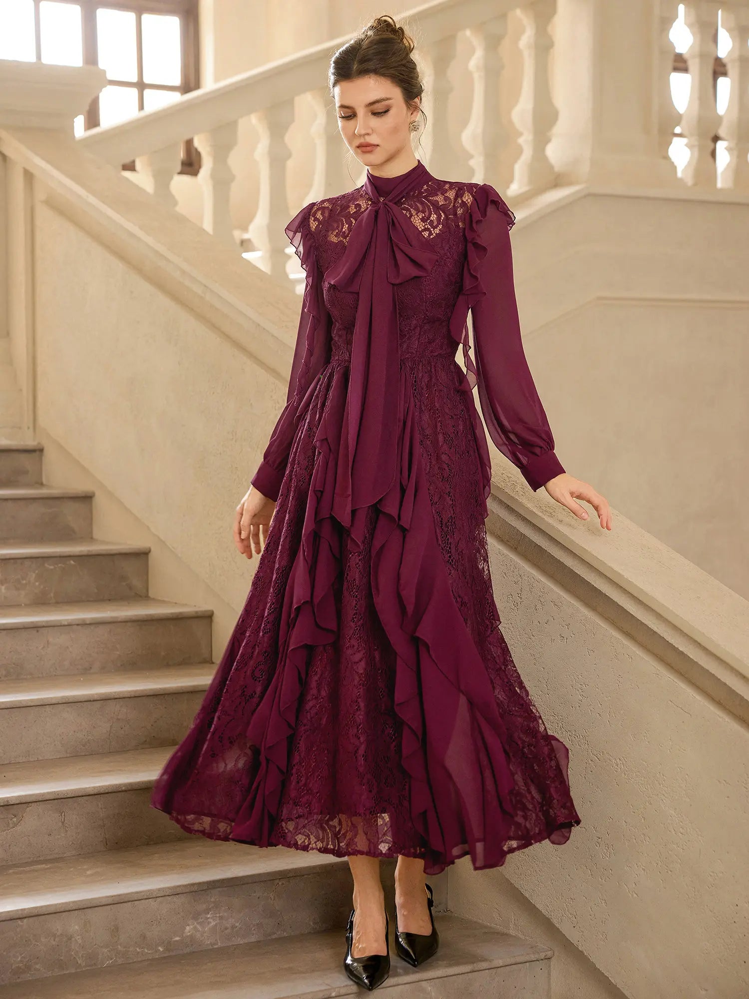 Lace Mesh Ruched Detail Midi Dress|NOOSGOP