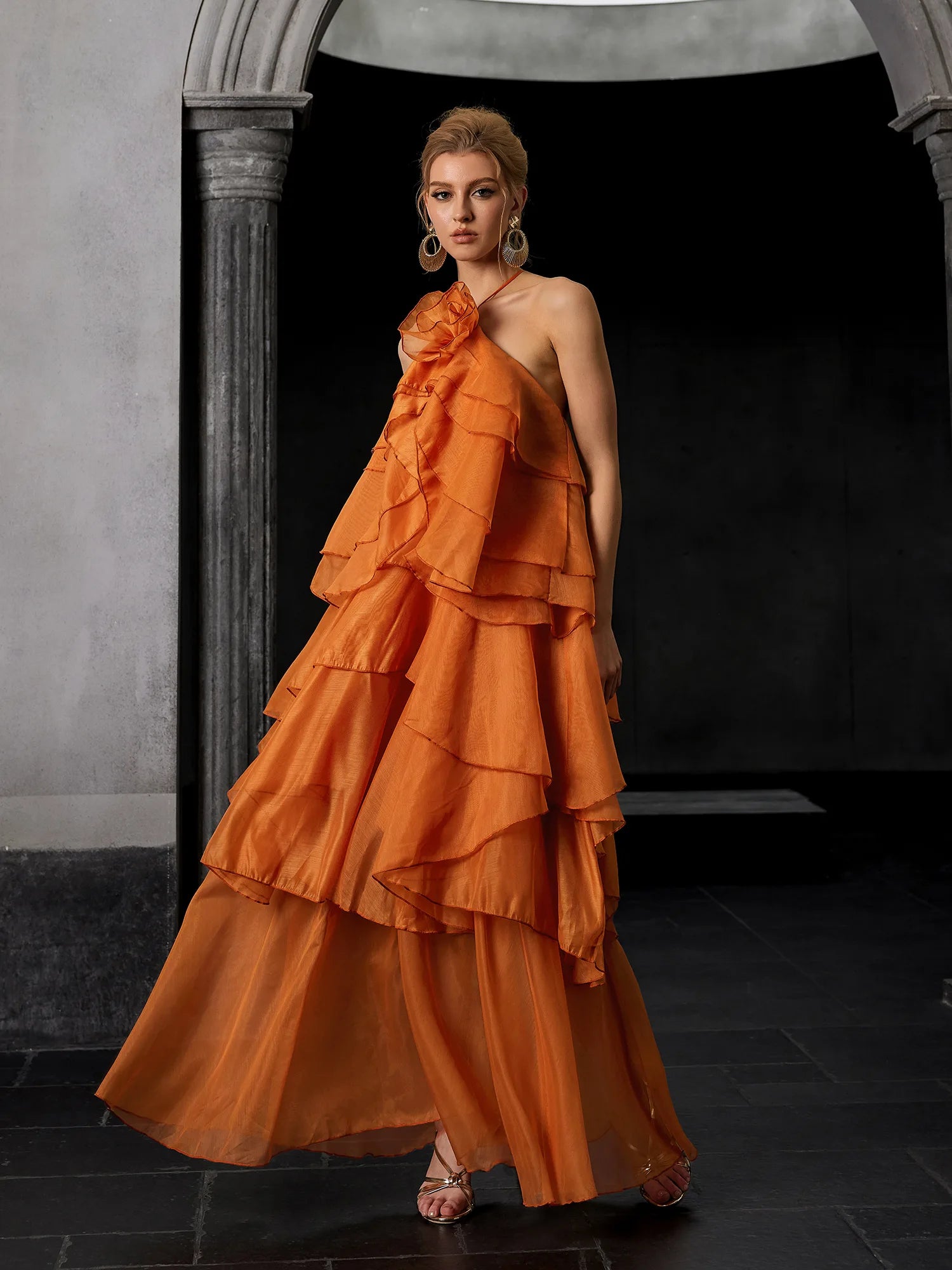 orange dress with ruffles Luxury Open-Back Ruffle Maxi sci fi Size:L/XL | fits size US 12-16 | One-shoulder inner | Preorder ships in ~2 weeks Loft Petite Floral Smocked Yellow Length