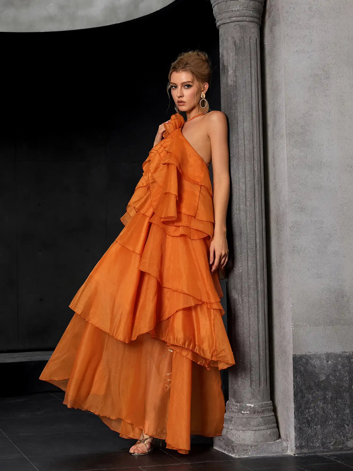 Orange Backless Vocation Maxi Dress with Floral Accent – Ruffled Dress – Noosgop
