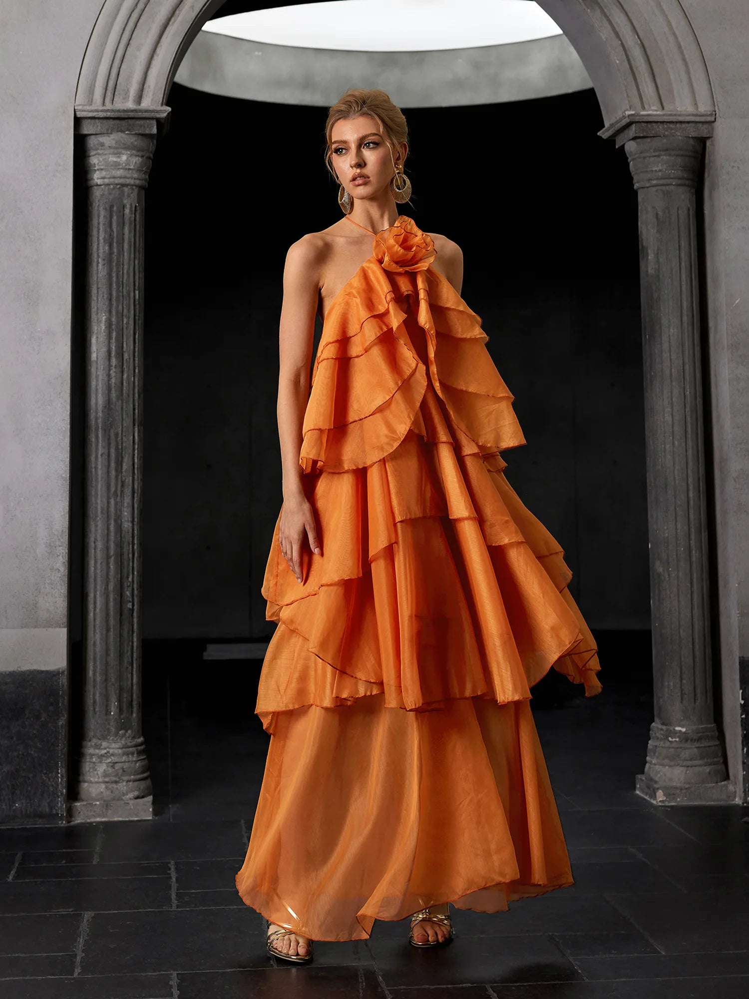 Orange Backless Vocation Maxi Dress with Floral Accent – Ruffled Dress – Noosgop