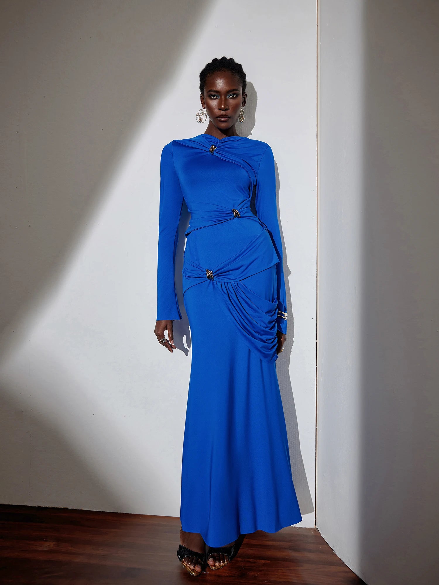 Blue Strap Bodycon Maxi Dress with Metal Buckles – Evening Dress – Noosgop
