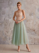 Mint-Gradient Lace & Sheer Midi Dress|NOOSGOP