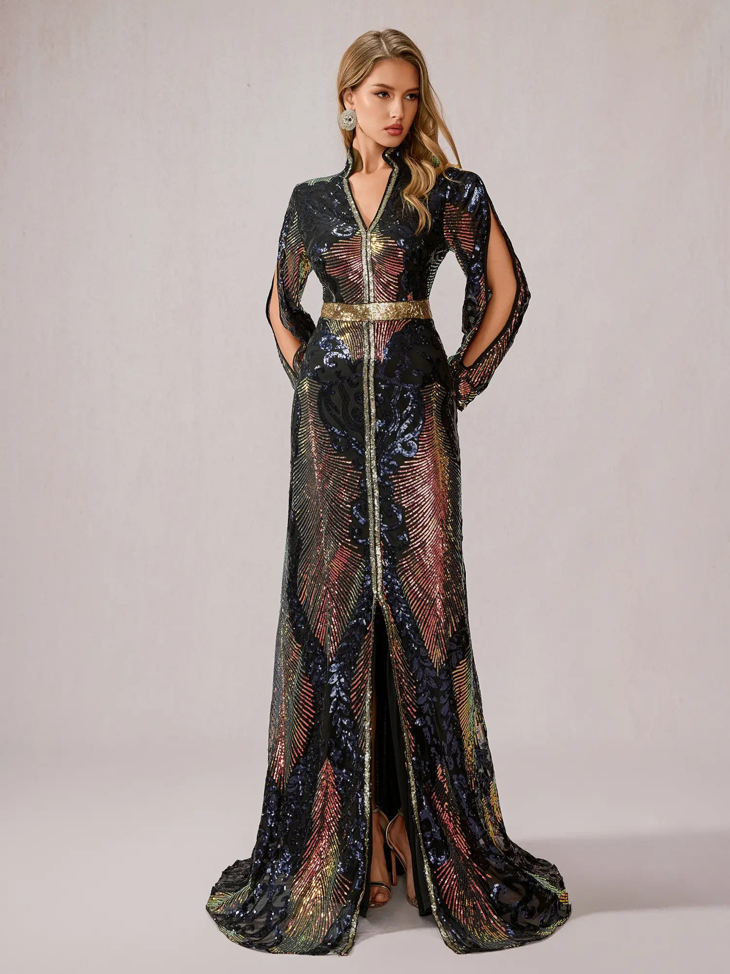 Multicolor Sequin Slit Evening Maxi Dress|NOOSGOP
