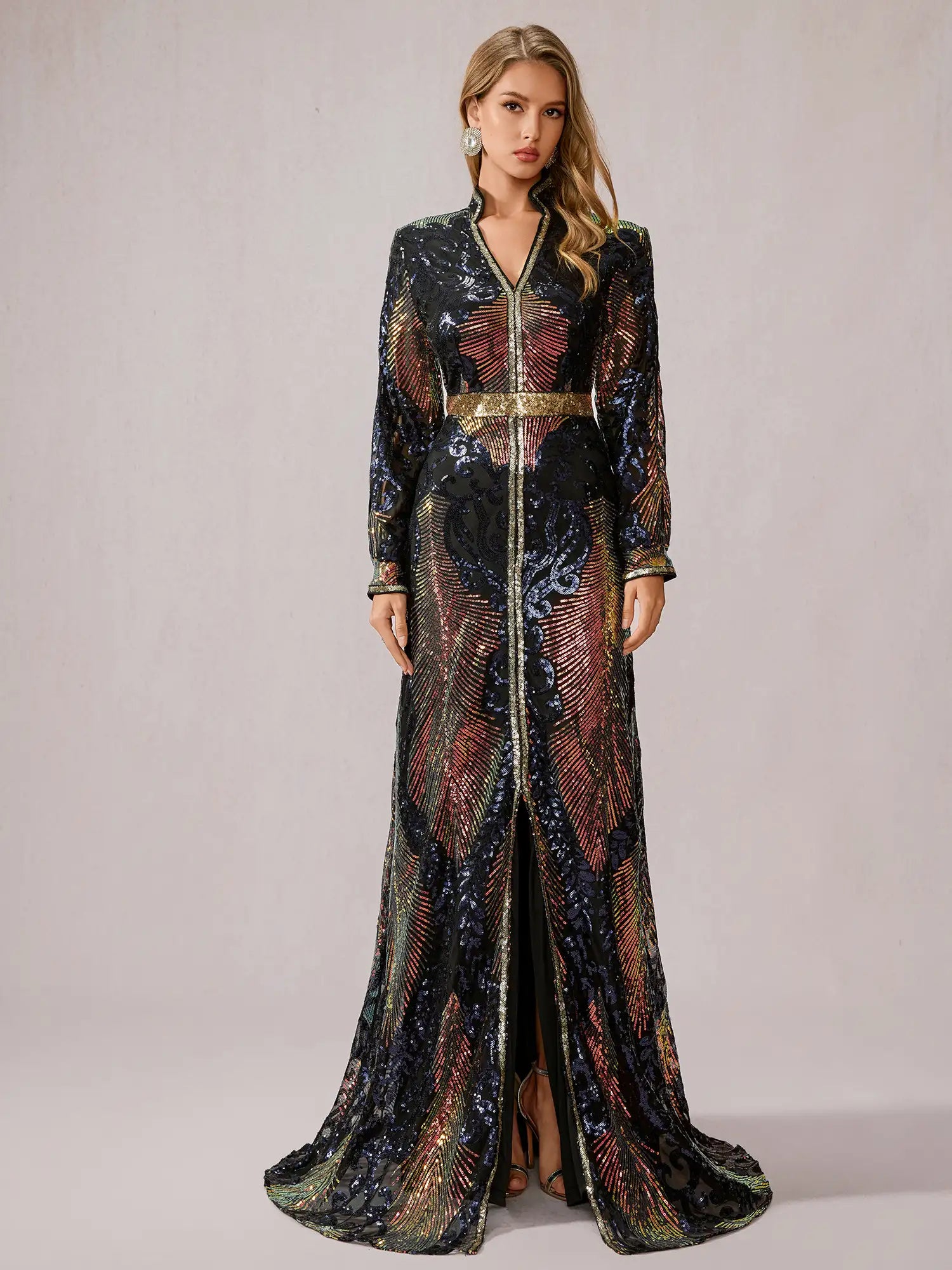 Multicolor Sequin Slit Evening Maxi Dress|NOOSGOP