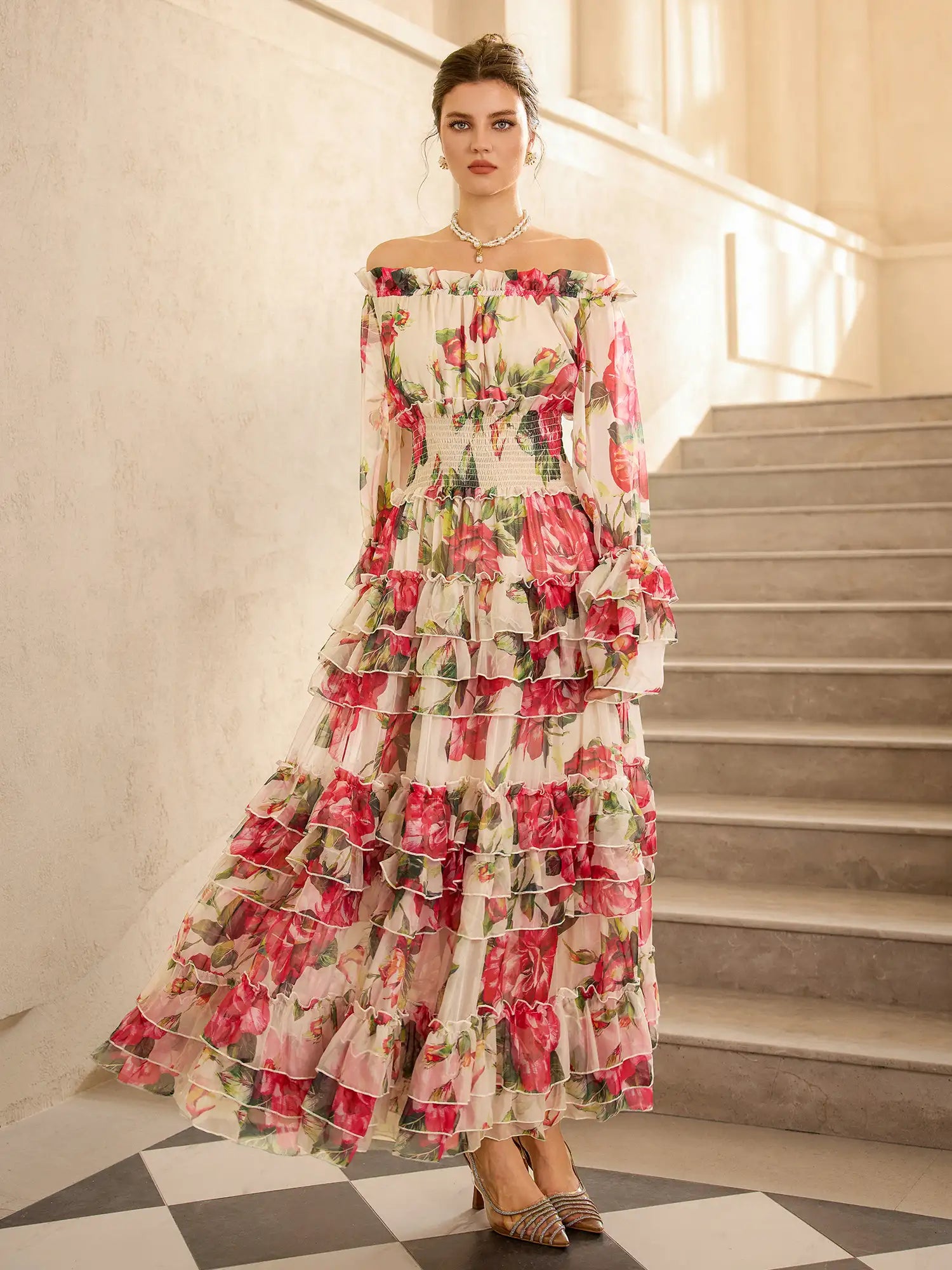 Off Shoulder Rose Print Elegant Midi Dress|NOOSGOP