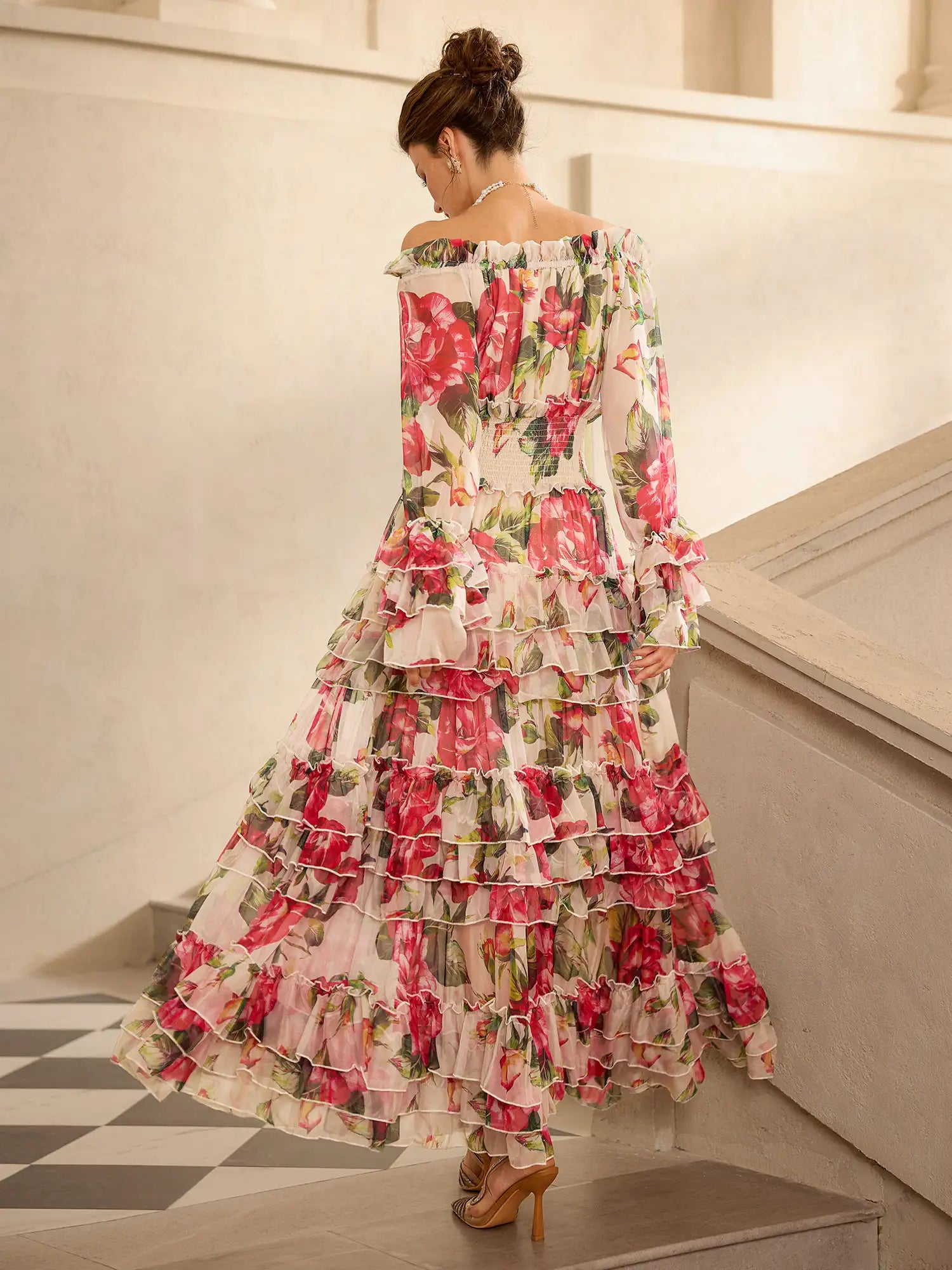 Off Shoulder Rose Print Elegant Midi Dress|NOOSGOP