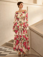 Off Shoulder Rose Print Elegant Midi Dress|NOOSGOP