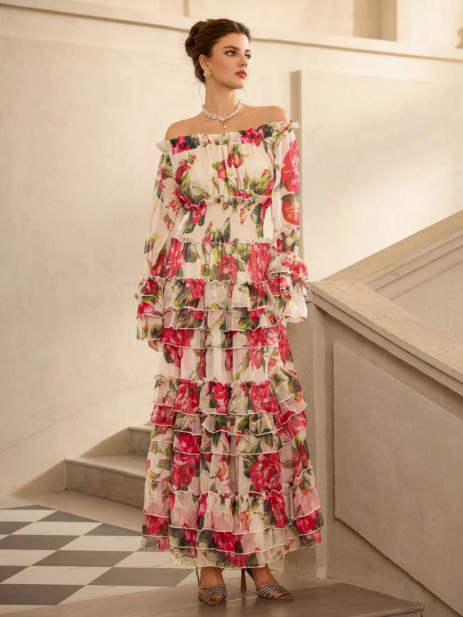 Off Shoulder Rose Print Elegant Midi Dress|NOOSGOP