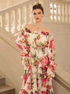 Off Shoulder Rose Print Elegant Midi Dress|NOOSGOP