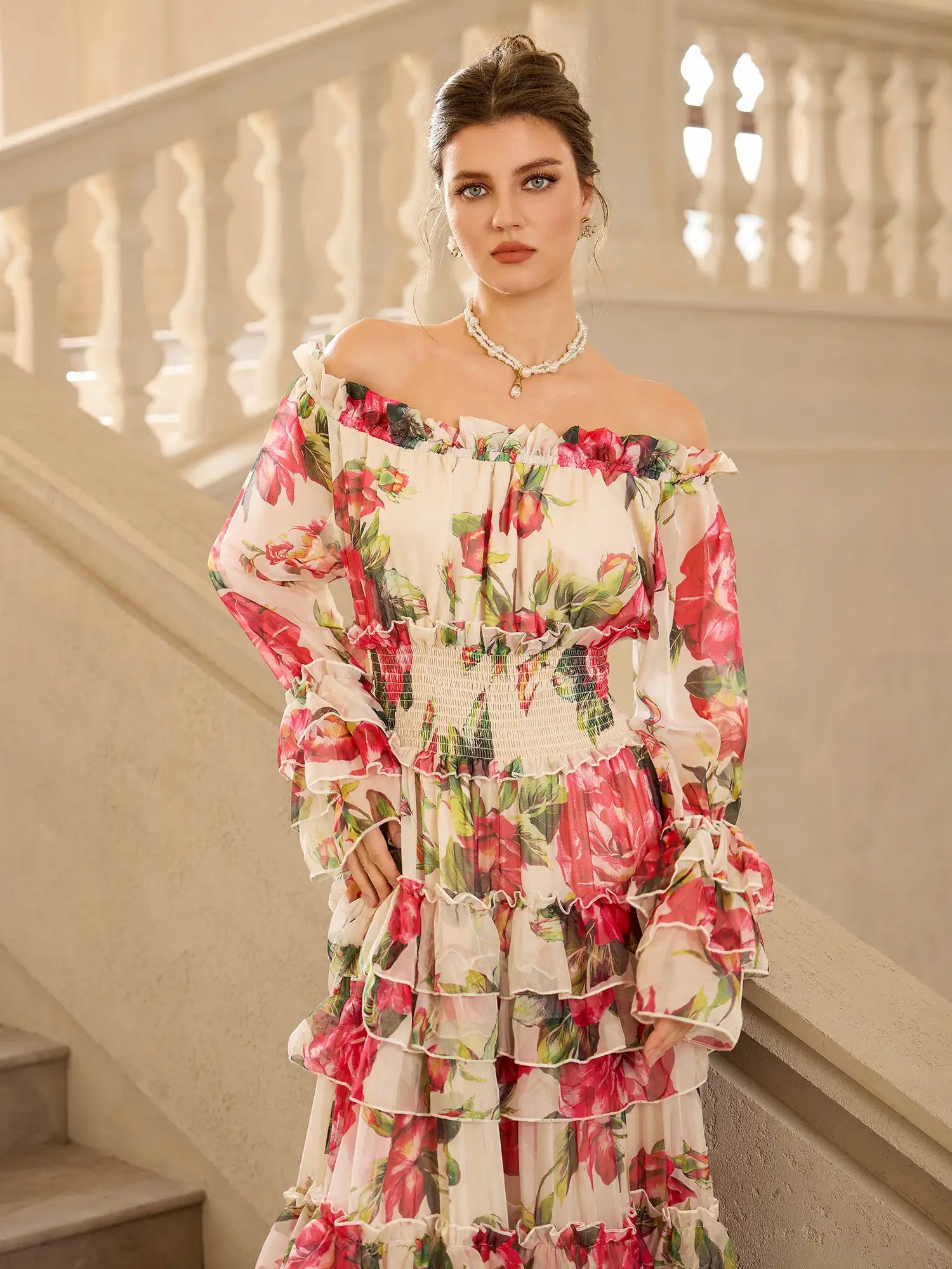 Off Shoulder Rose Print Elegant Midi Dress|NOOSGOP