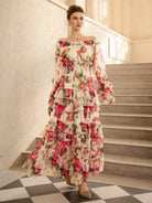 Off Shoulder Rose Print Elegant Midi Dress|NOOSGOP