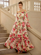 Off Shoulder Rose Print Elegant Midi Dress|NOOSGOP