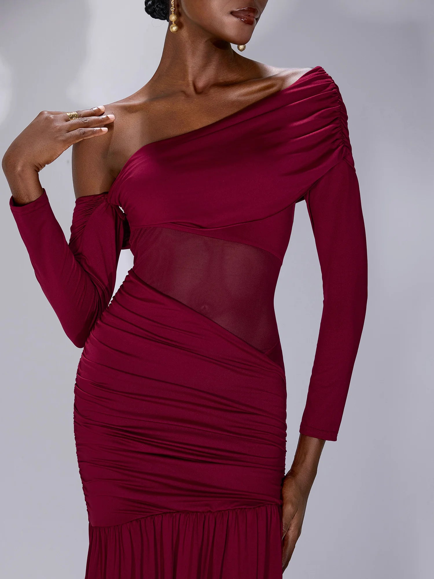 One Shoulder Asymmetric Mesh Maxi Dress|NOOSGOP