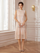 Pearl-Trimmed Round-Neck Corset-Waist Midi Dress|NOOSGOP