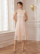 Pearl-Trimmed Round-Neck Corset-Waist Midi Dress|NOOSGOP