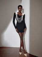 Pearl Chain Floral Bodycon Mini Dress|NOOSGOP