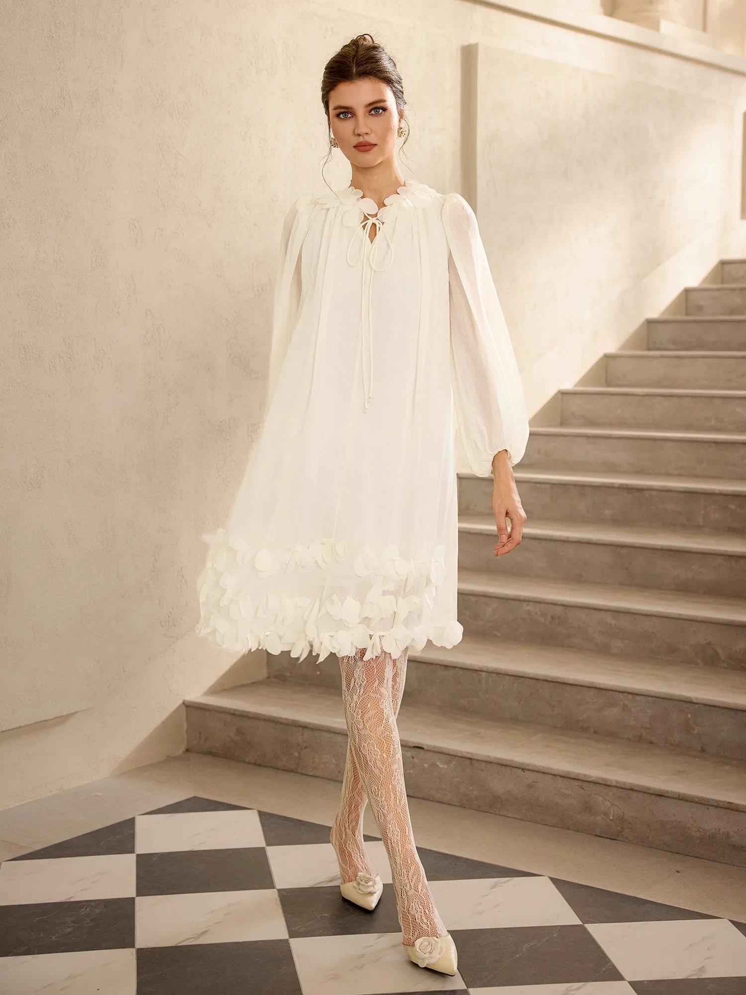 White Petal Trim Mini Dress