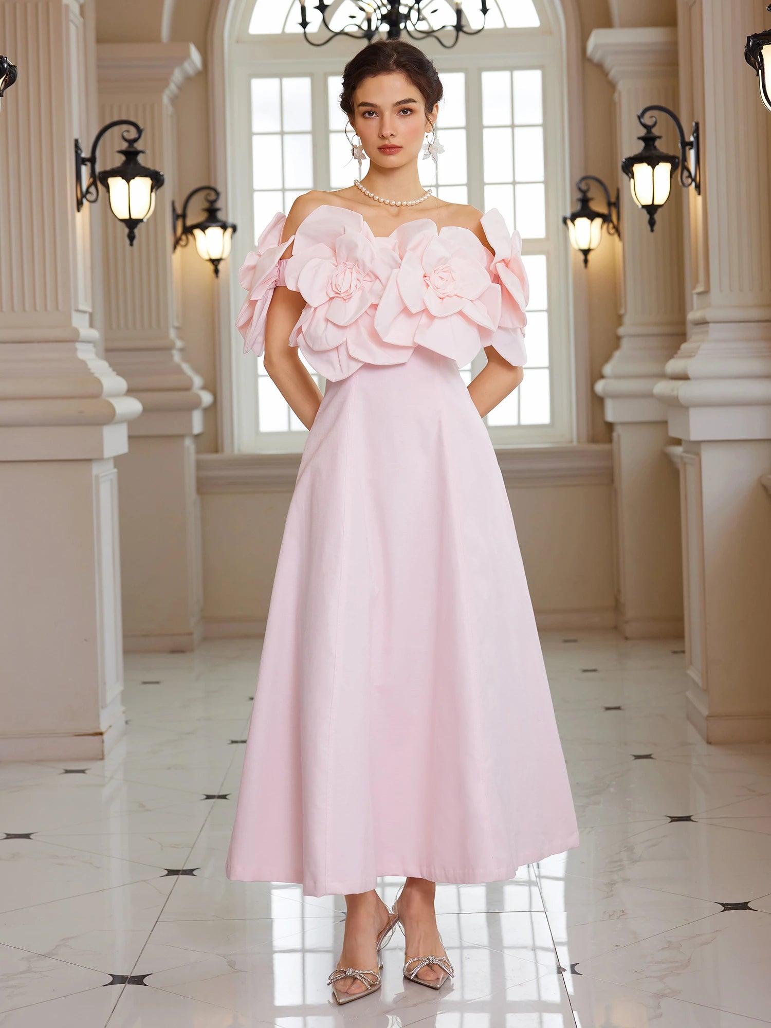 light pink off the shoulder dress for a festival Have Faith Off-Shoulder Bow Sleeve Maxi Baby Pair with gold jewellery and pink heels to elevate this look.Features Ella Light Pink Off Shoulder