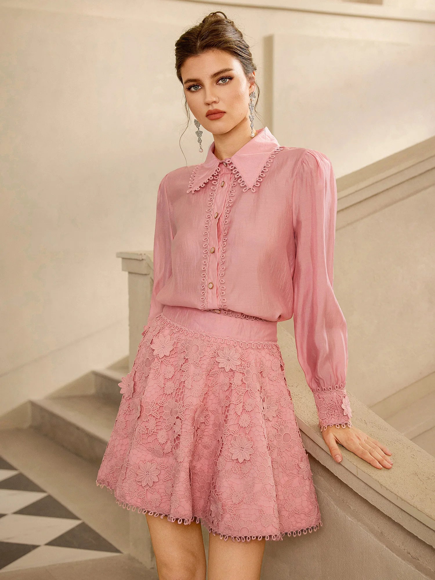 Pink Lace Collared Mini Dress|NOOSGOP