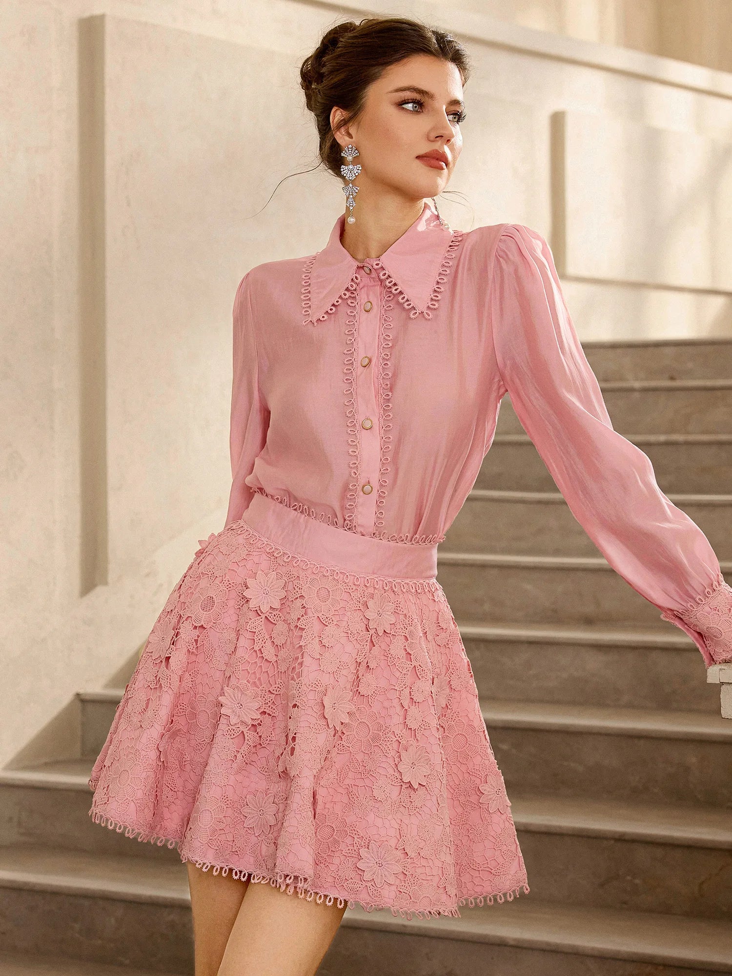 Pink Lace Collared Mini Dress|NOOSGOP