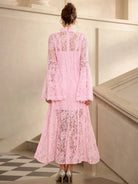 Pink Lace High Neck Flared Sleeve Midi Dress|NOOSGOP