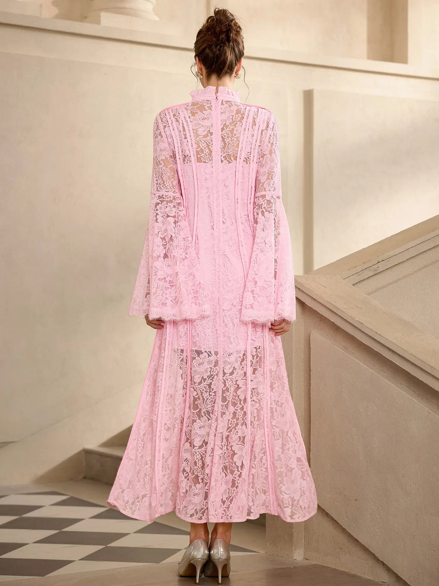 Pink Lace High Neck Flared Sleeve Midi Dress|NOOSGOP