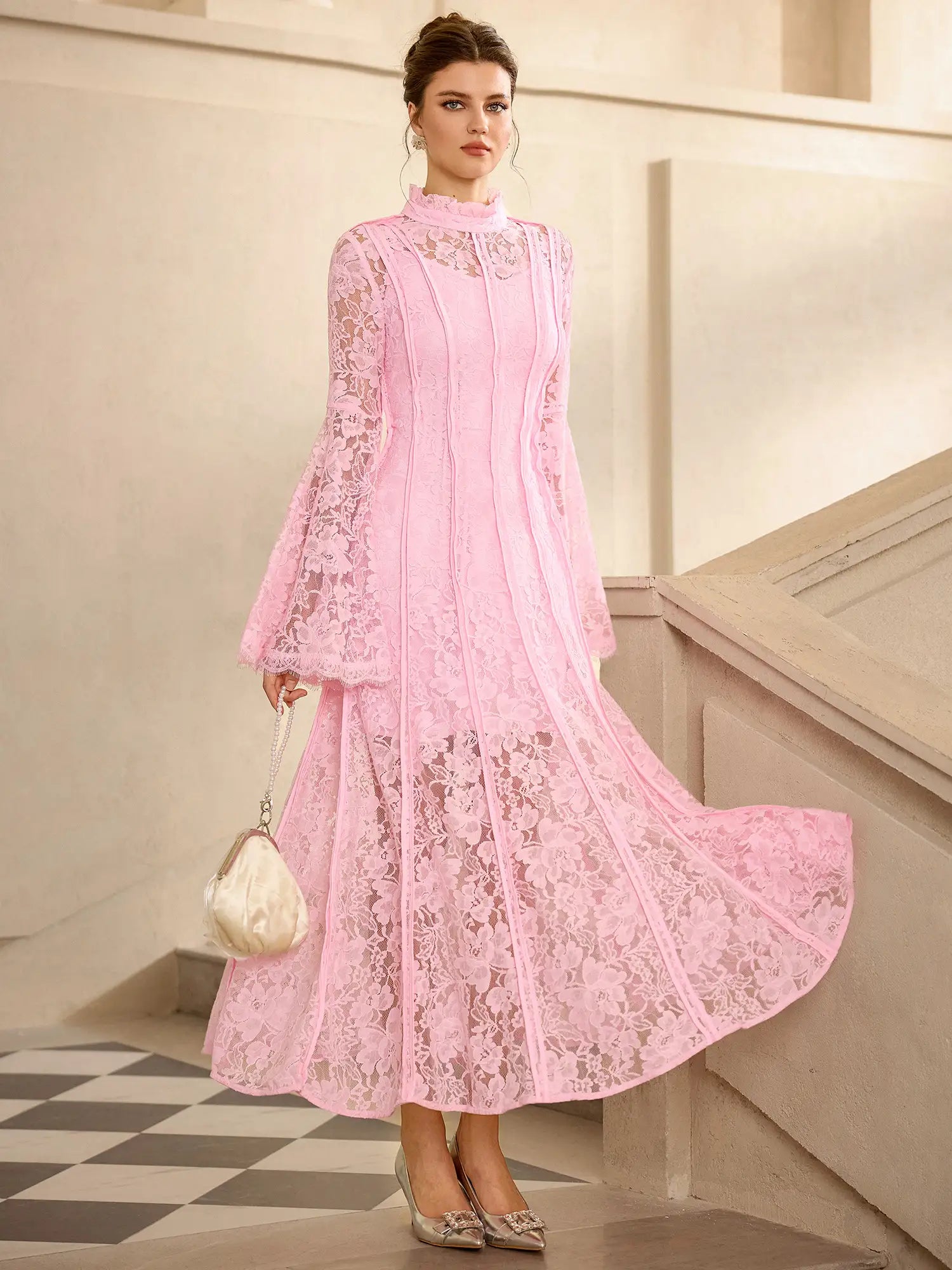 Pink Lace High Neck Flared Sleeve Midi Dress|NOOSGOP