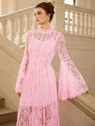 Pink Lace High Neck Flared Sleeve Midi Dress|NOOSGOP