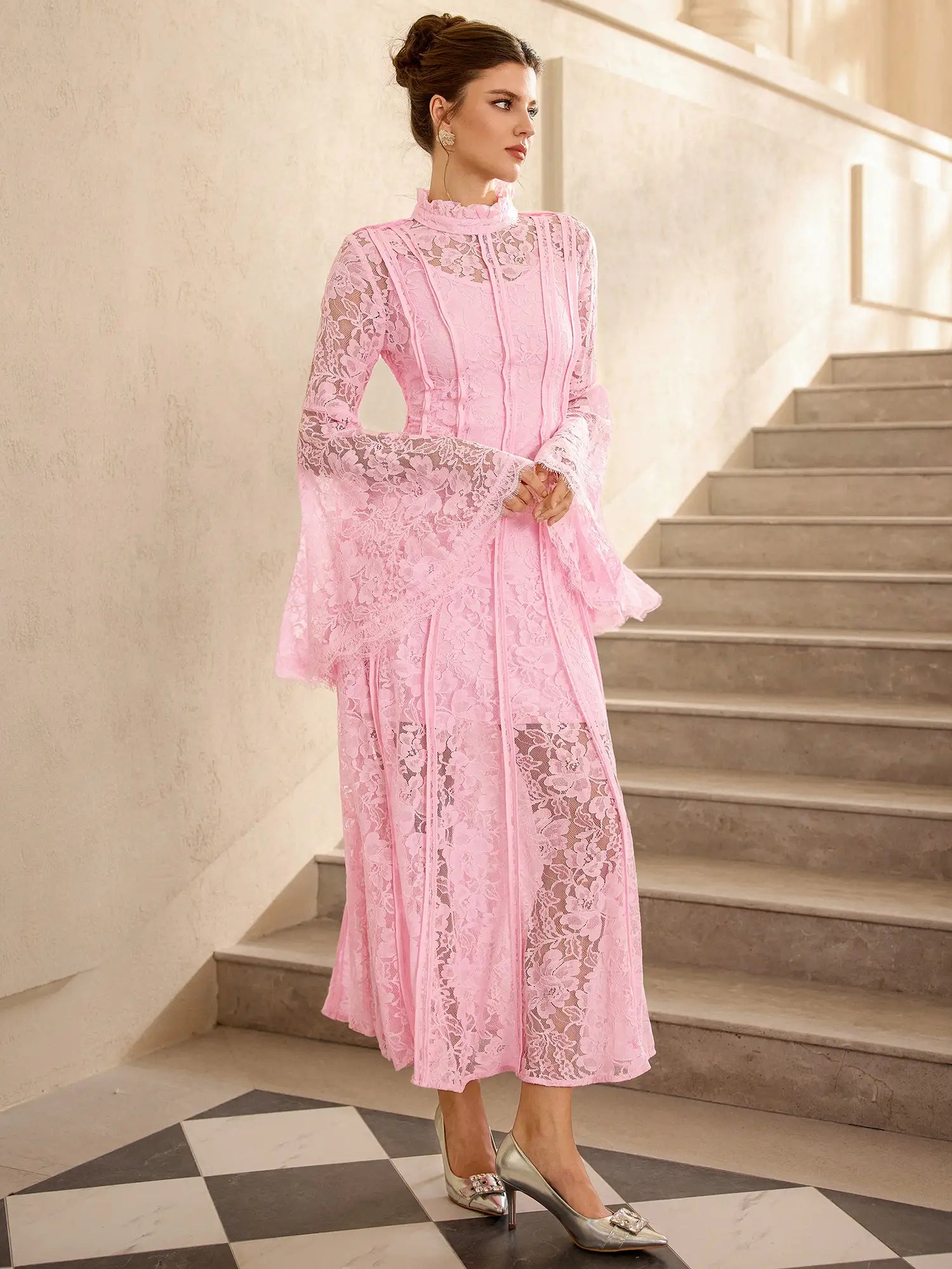 Pink Lace High Neck Flared Sleeve Midi Dress|NOOSGOP