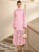Pink Lace High Neck Flared Sleeve Midi Dress|NOOSGOP