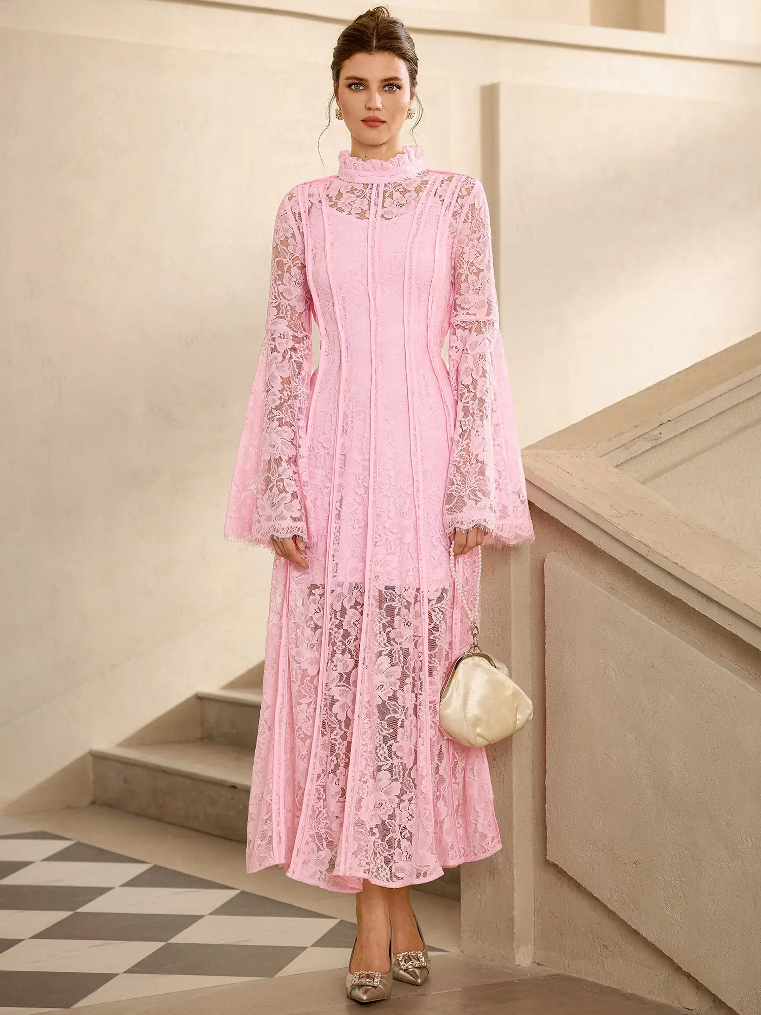 Pink Lace High Neck Flared Sleeve Midi Dress|NOOSGOP