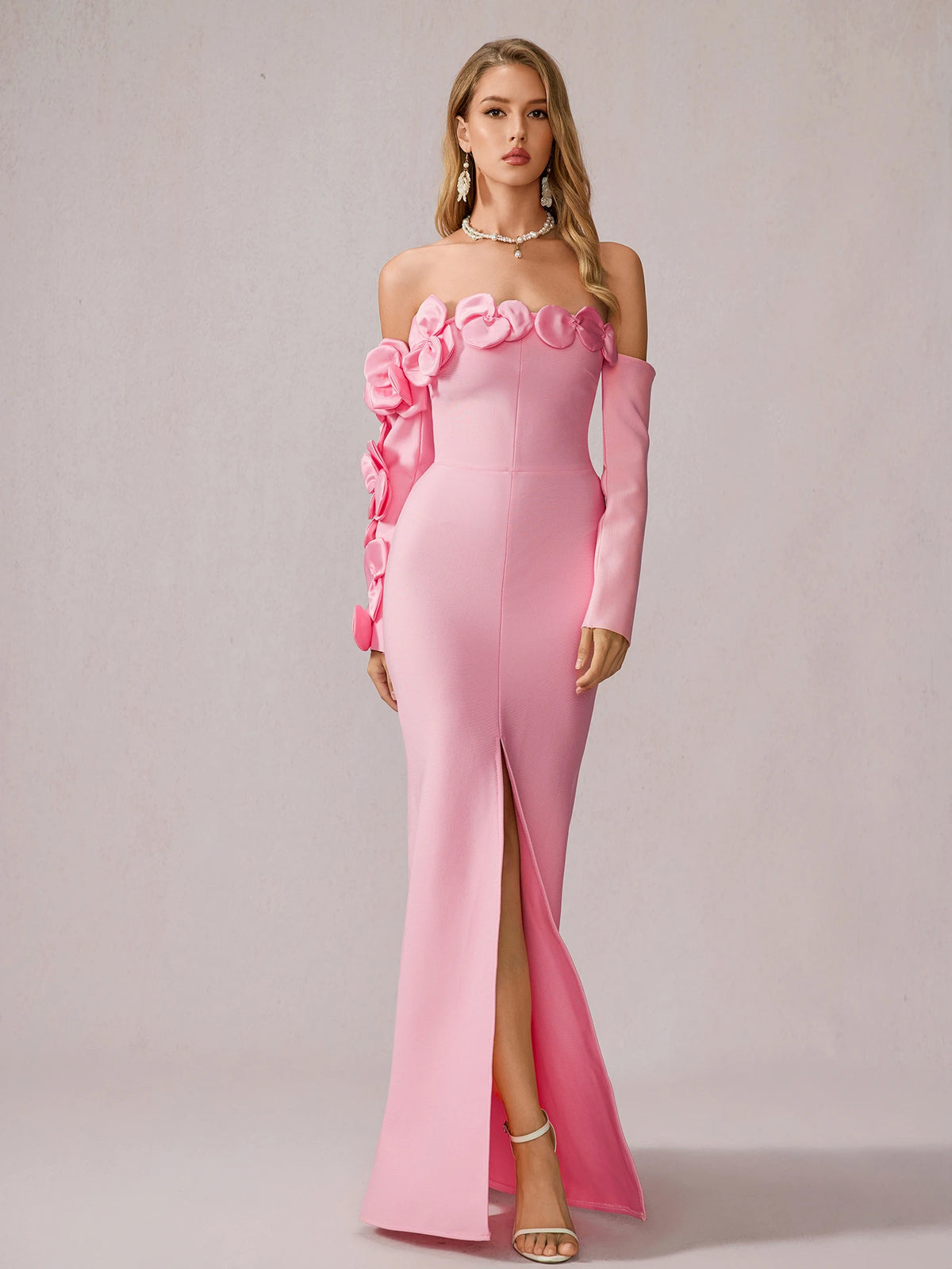Pink Strapless Floral Maxi Dress|NOOSGOP