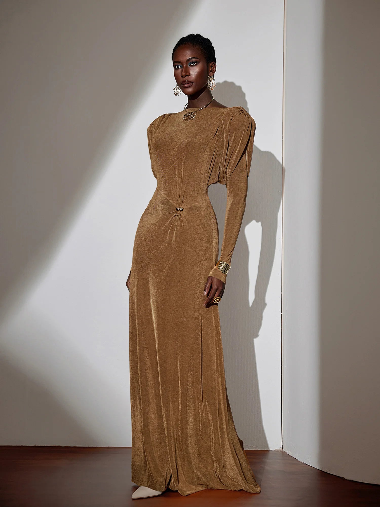 Pleated Bell Sleeve Bardot Neck Maxi Dress
