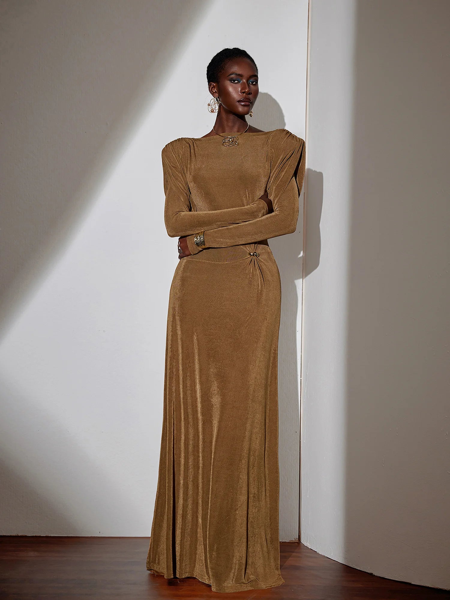 Brown Off-Shoulder Maxi Dress