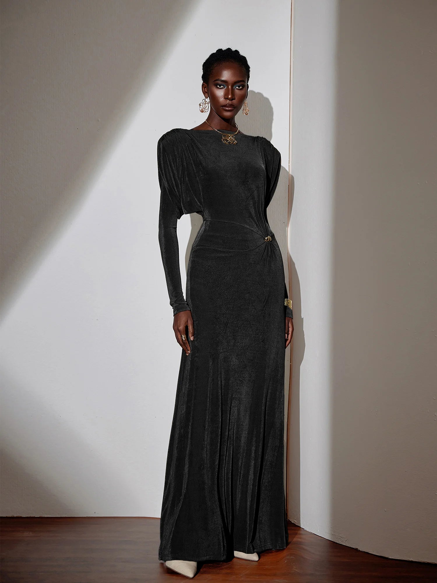 Pleated Bell Sleeve Bardot Neck Maxi Dress