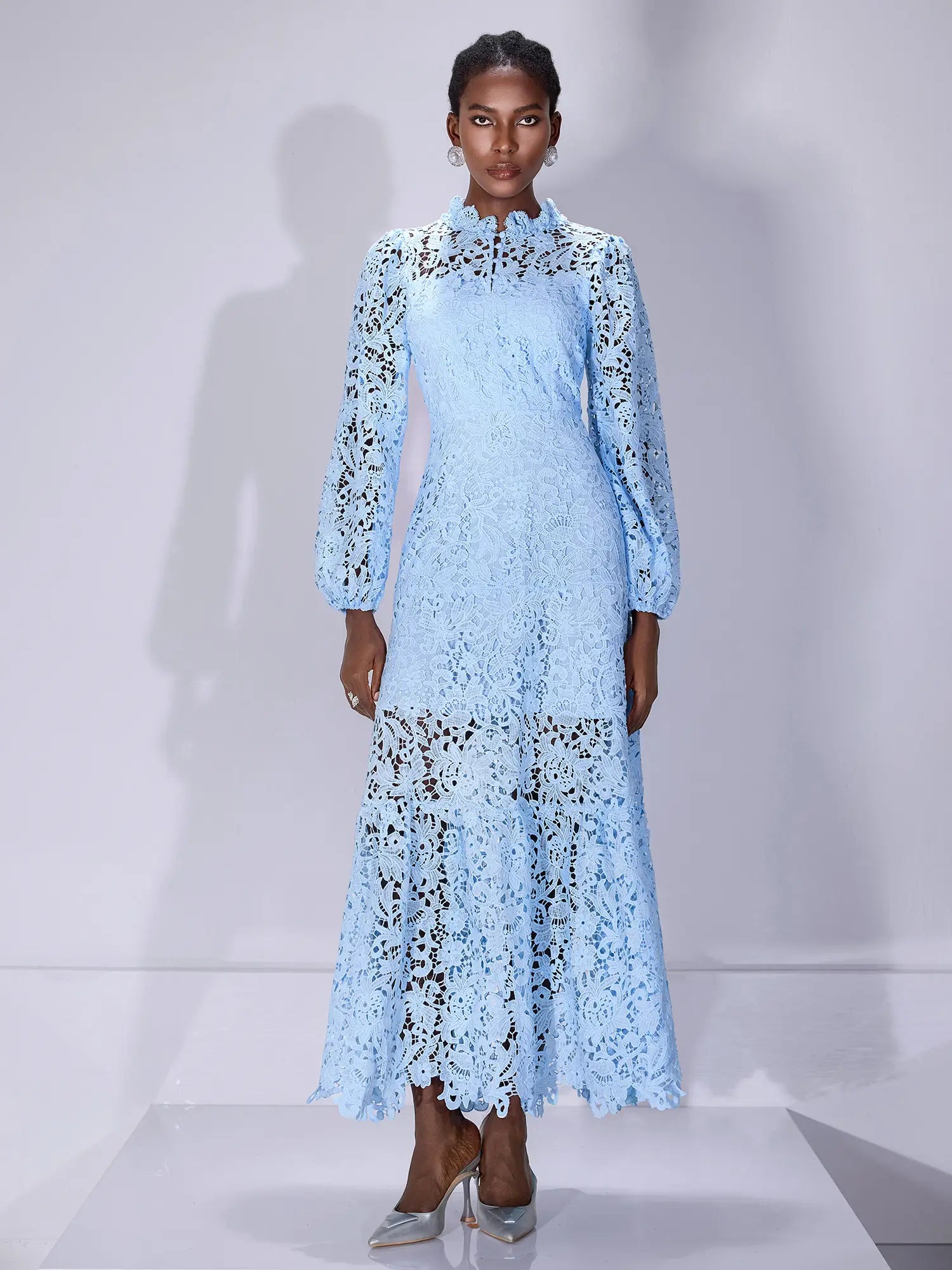 Printed Cutout Crew Neck Midi Dress Sky Whisper / L