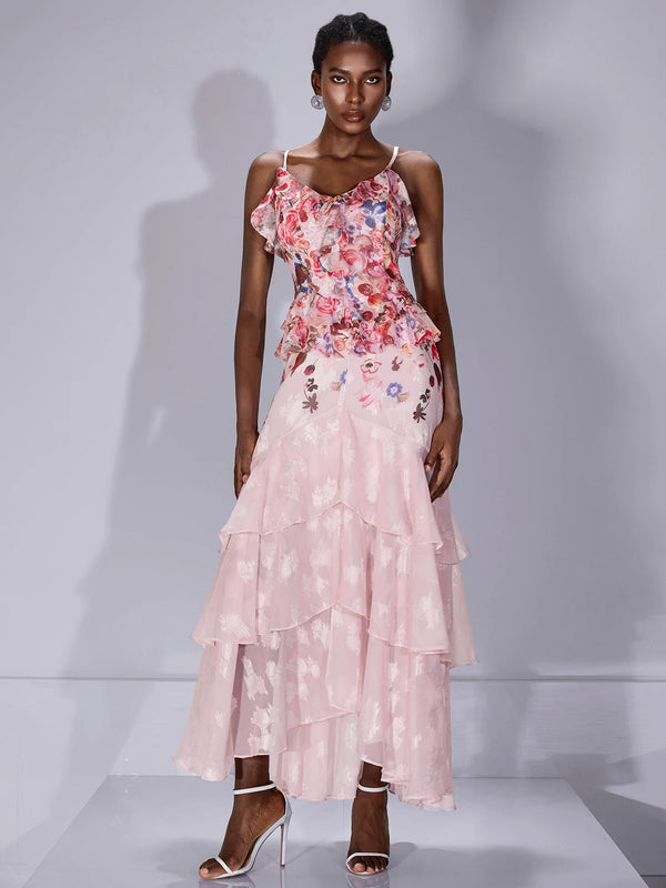 Printed Ruffle-Hem Strap Midi Dress Blush Petal / M
