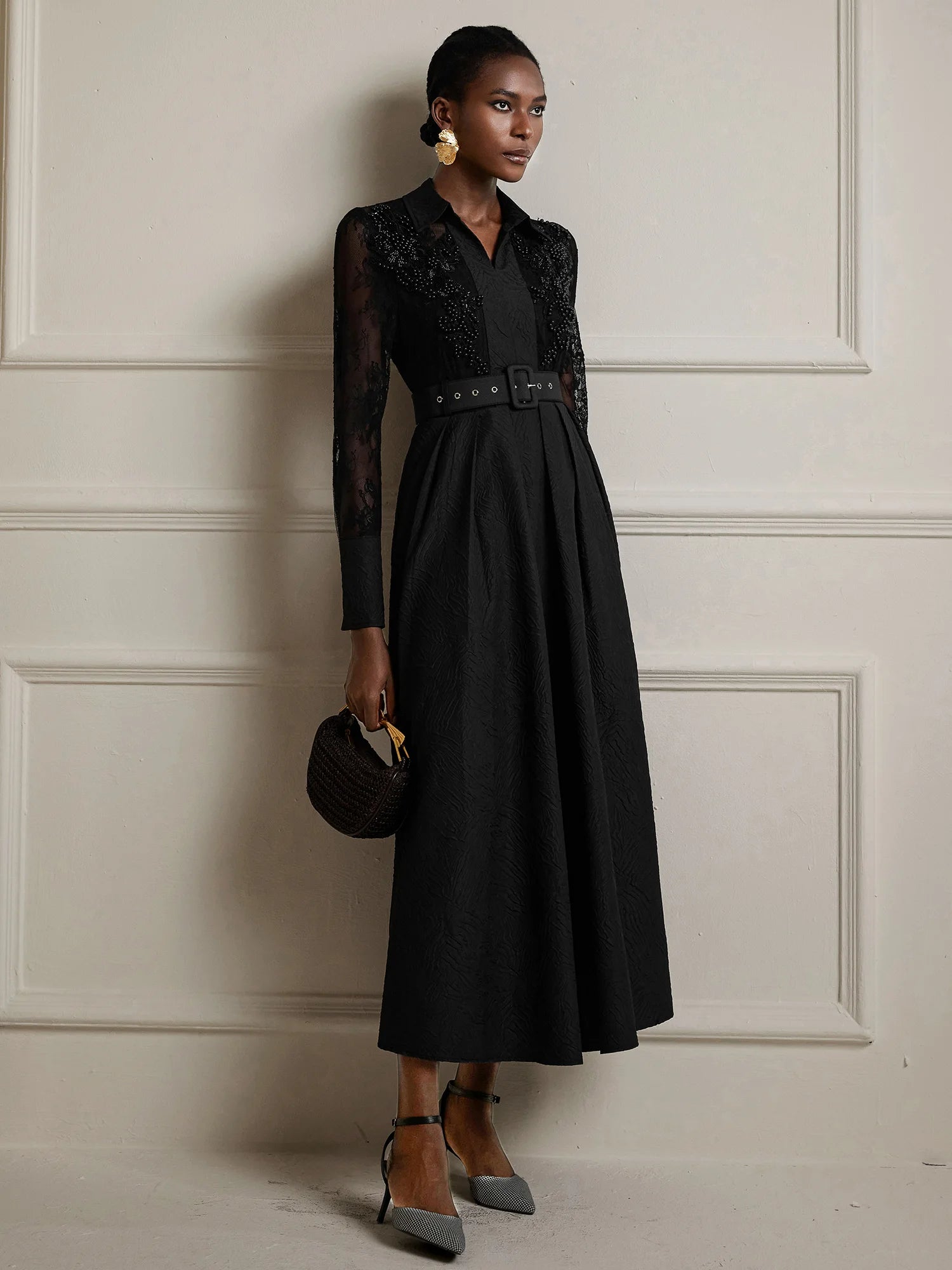 Printed Sheer Beaded Maxi Dress with Belt|NOOSGOP
