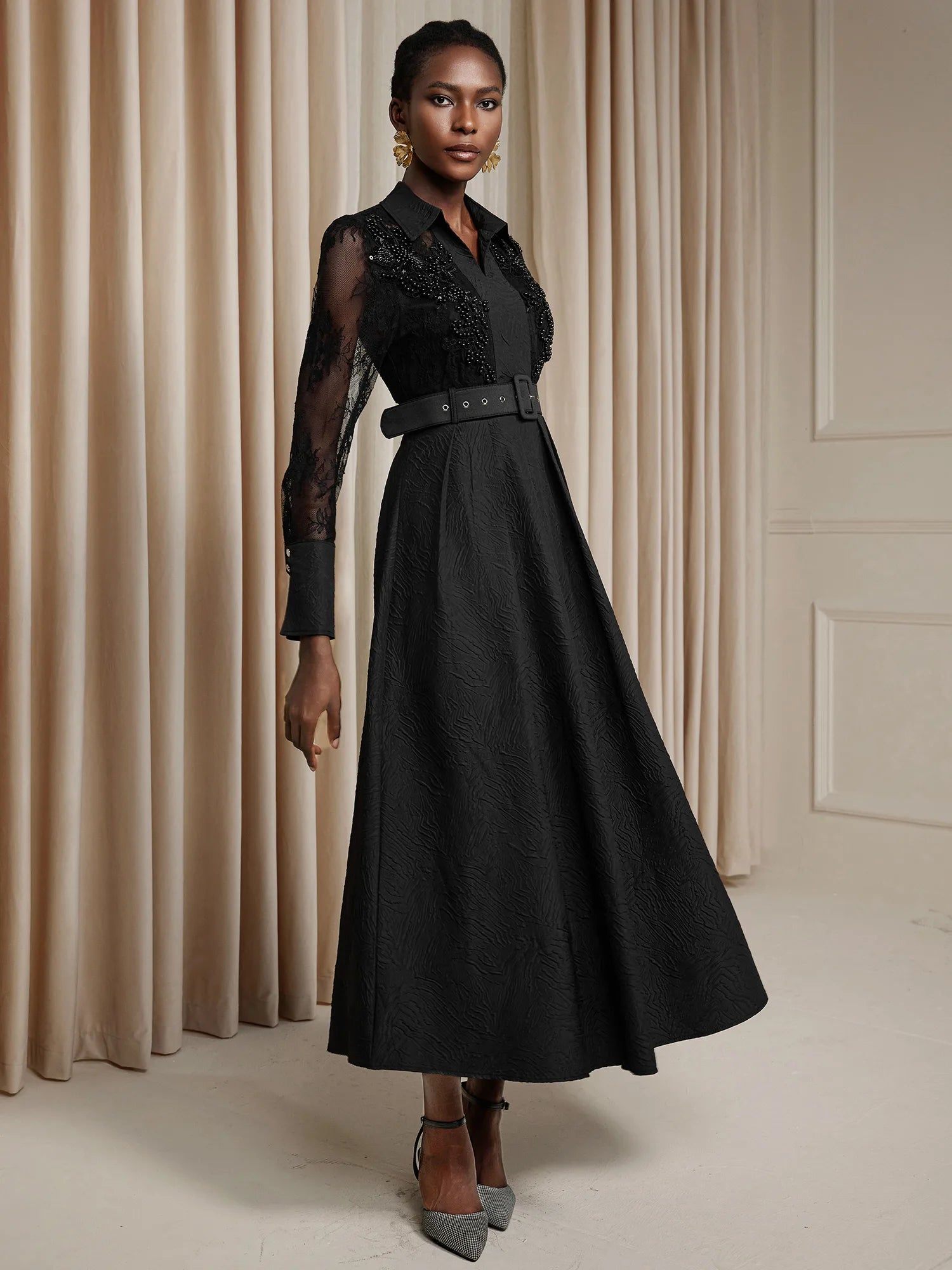 Printed Sheer Beaded Maxi Dress with Belt Black / M