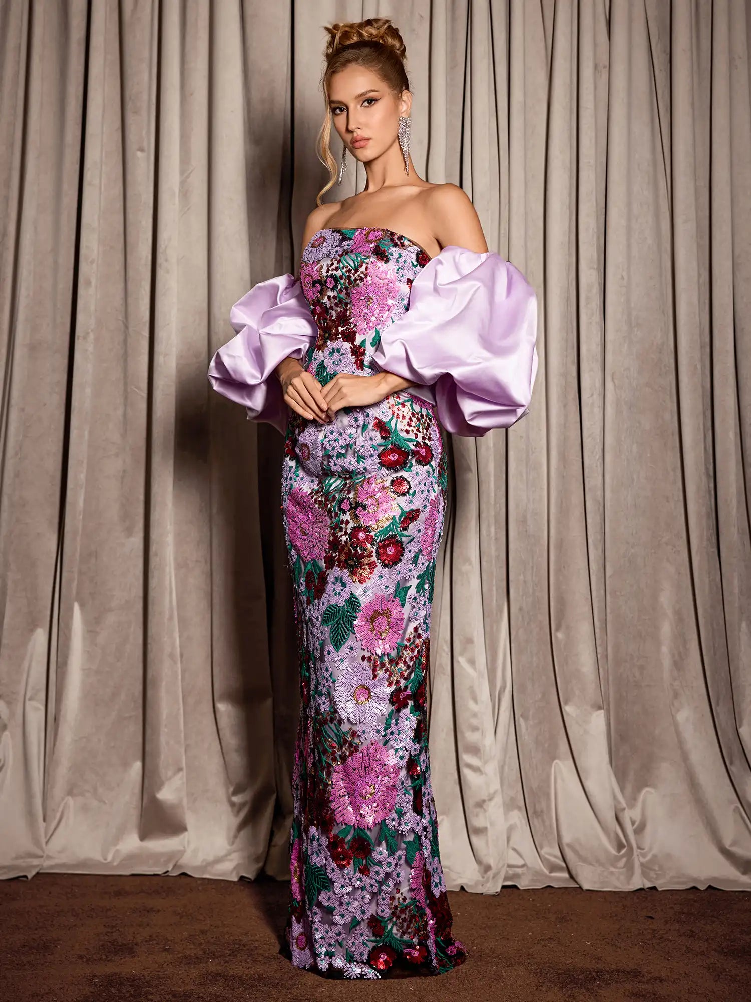 puff sleeve maxi dress formal Floral Evening – Luxury SID-FD13259CP112 Color:Other Color From Chart Short puff sleeves Girl Games - Dress