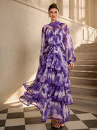 Purple Floral Statement Collar Midi Dress|NOOSGOP
