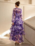 Purple Floral Statement Collar Midi Dress|NOOSGOP