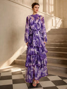 Purple Floral Statement Collar Midi Dress|NOOSGOP