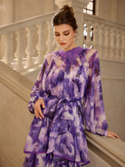 Purple Floral Statement Collar Midi Dress|NOOSGOP