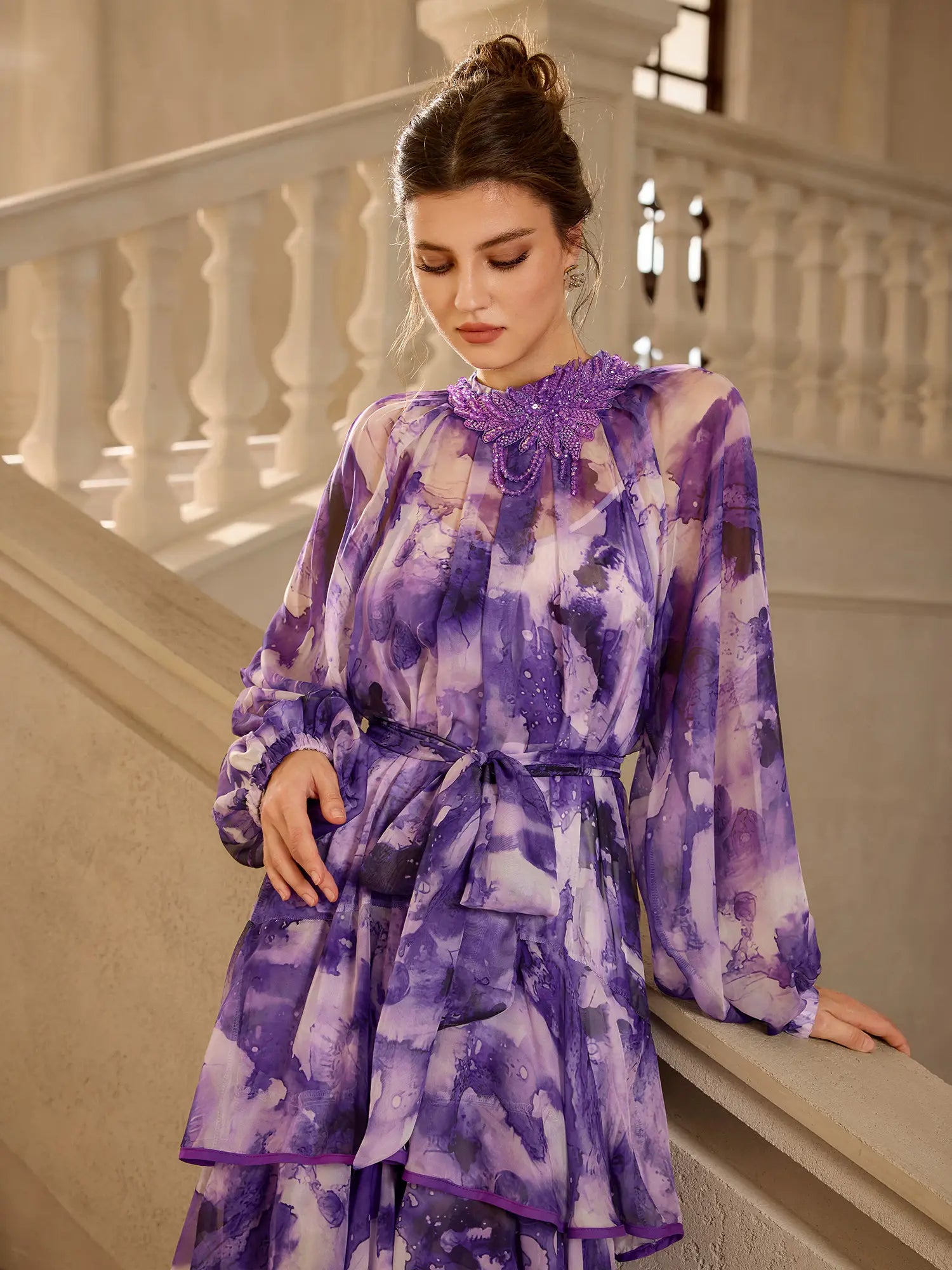 Purple Floral Statement Collar Midi Dress|NOOSGOP