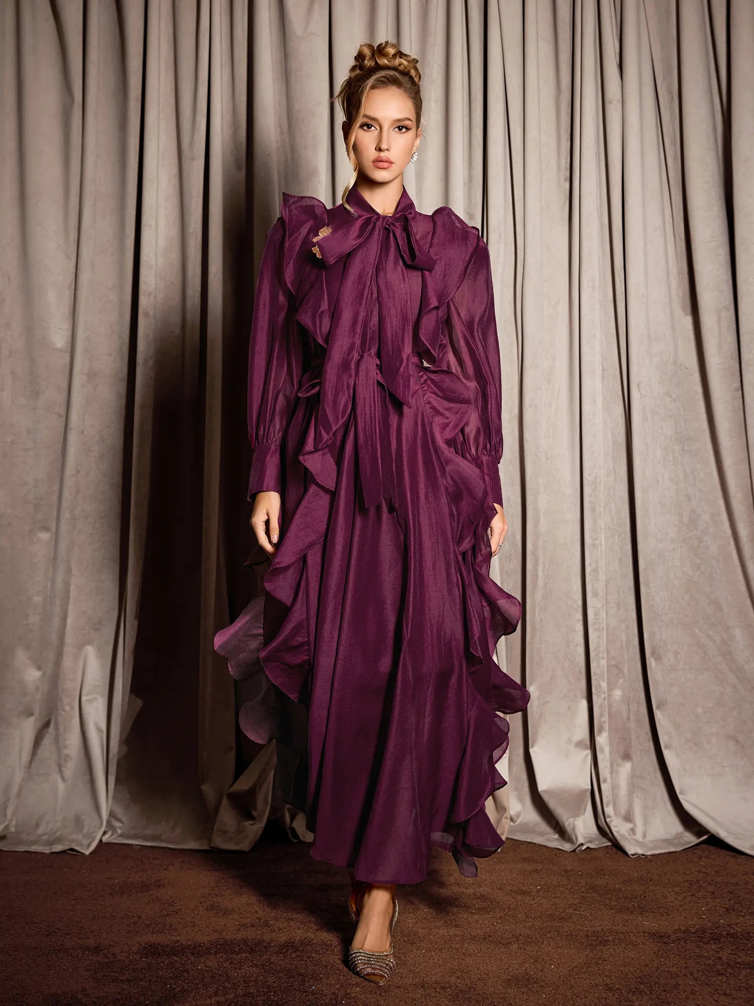 Purple Ruffle Midi Dress|NOOSGOP