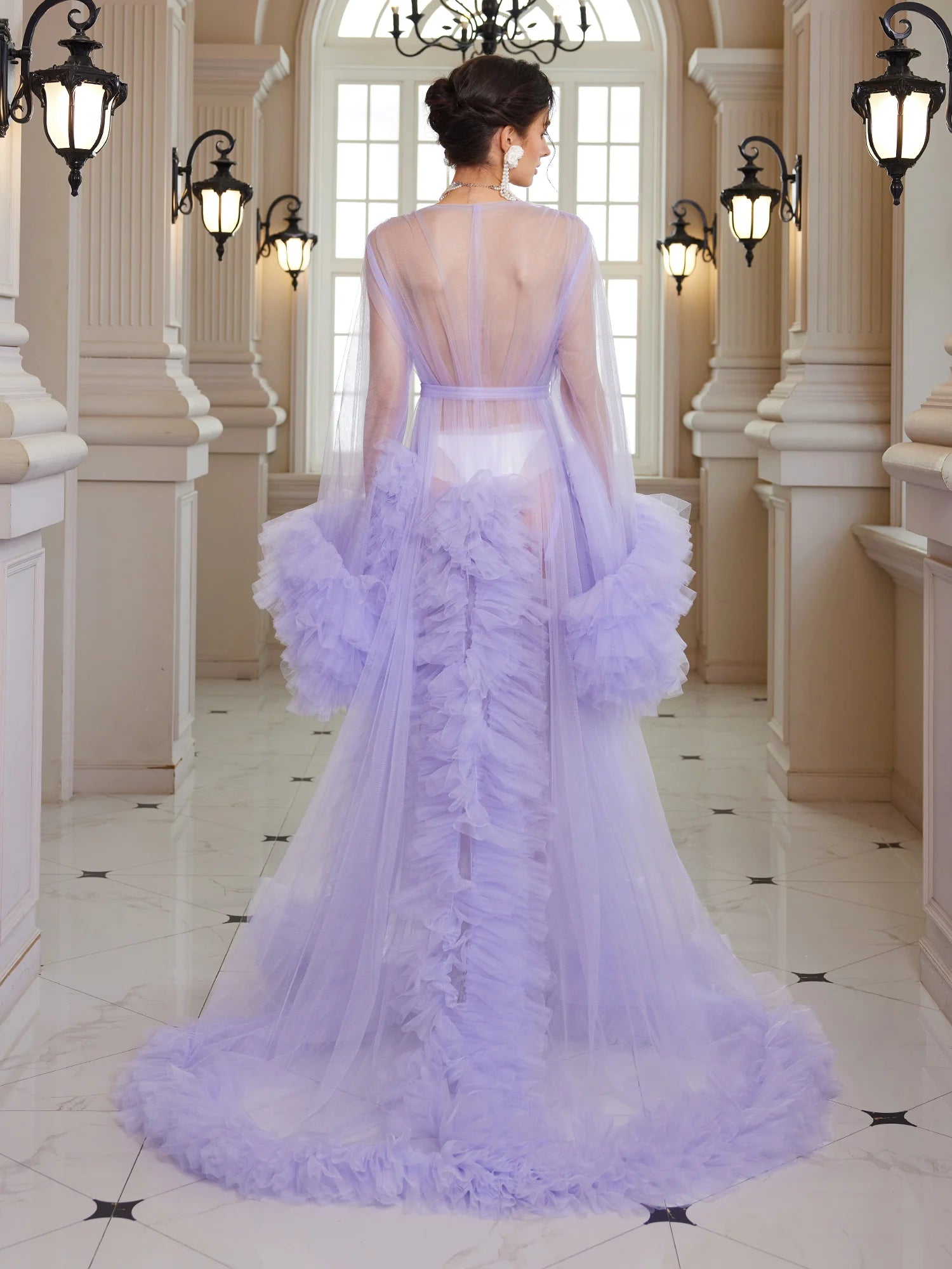 Ethereal Purple Tulle Maxi Dress with Sheer Gossamer Sleeves – Noosgop